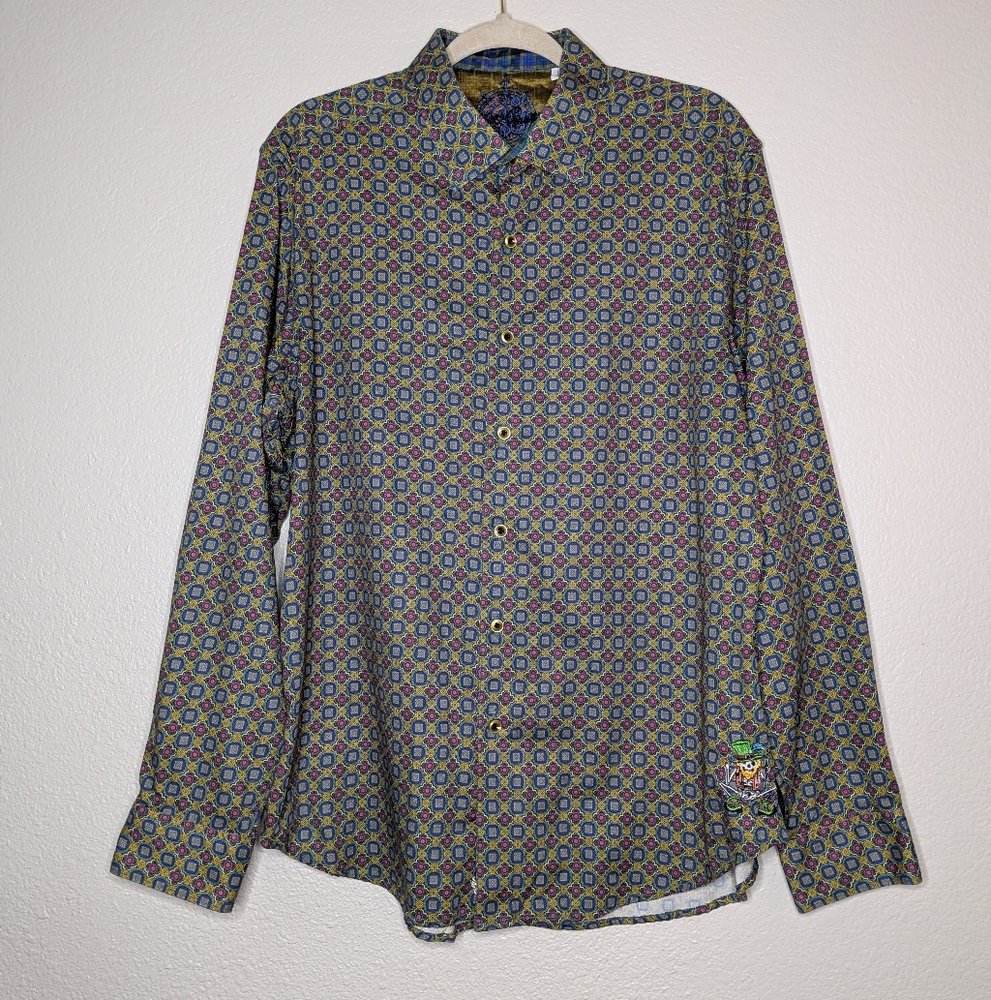 Robert Graham Mens Green Embroidered Geometric Maximalist Patterned Shirt L